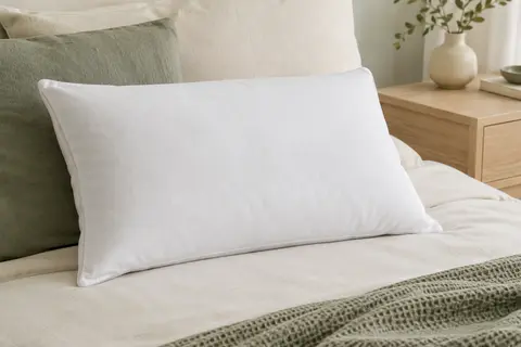 Oreiller rectangulaire blanc UTTU posé sur un lit aux tons ivoire et sauge, dans une chambre lumineuse.