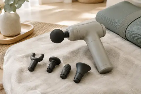 Pistolet de massage Valano avec ses embouts interchangeables posé dans un intérieur calme aux tons naturels.