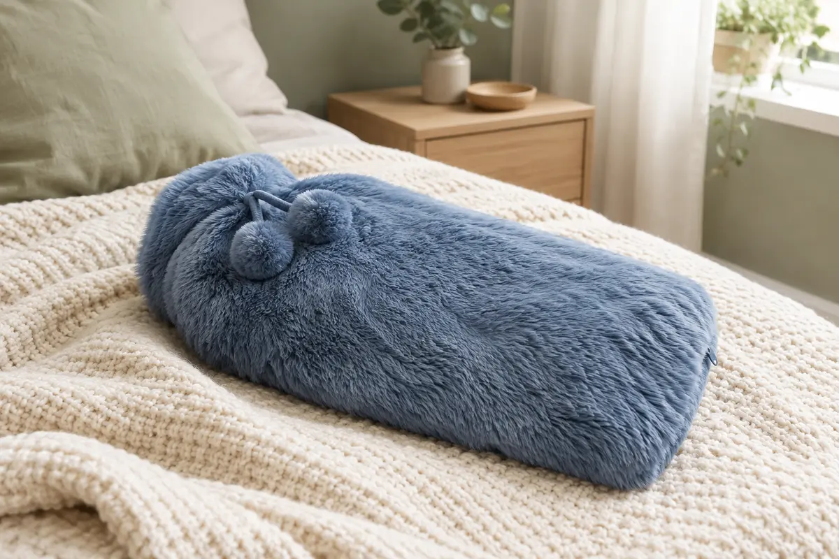 Bouillotte volila de 3,5 litres avec housse bleue douce en fausse fourrure, posée sur un plaid clair