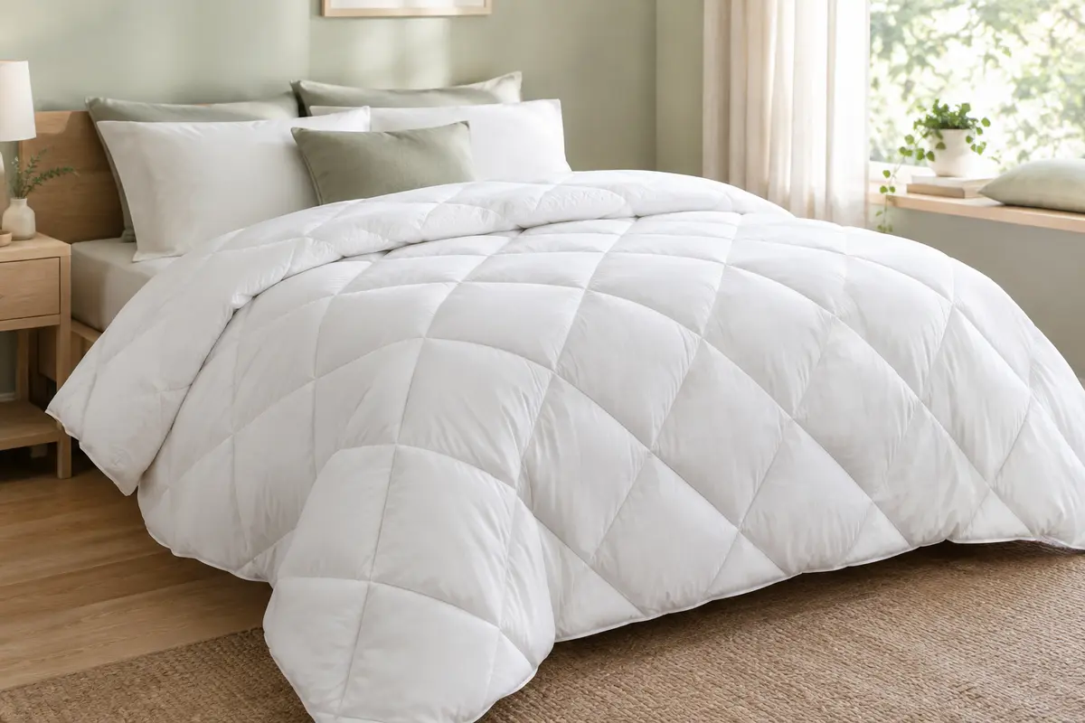 Couette blanche en microfibre avec piquage diamanté, installée sur un lit dans une chambre lumineuse.