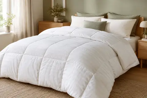 Couette blanche WAVVE en microfibre, format 220 x 240 cm, posée sur un lit double.