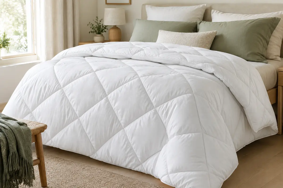 Couette blanche en microfibre avec piquage diamant, présentée sur un lit dans une chambre aux tons sauge et ivoire.