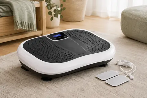 Masseur électrique pour les pieds blanc et noir avec écran digital, présenté dans un intérieur lumineux aux tons doux.