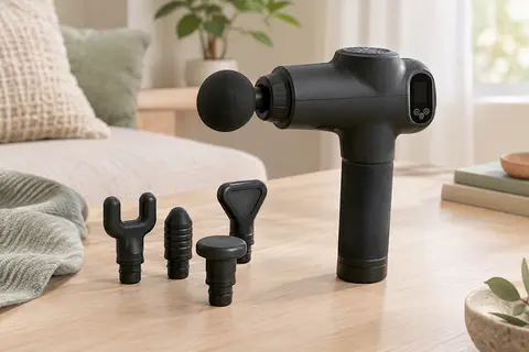 Pistolet de massage Zerolia noir avec écran LCD et embouts interchangeables posé sur du bois clair.