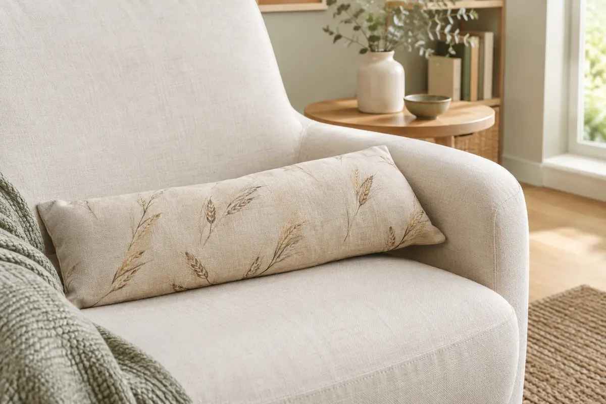 Coussin allongé en coton naturel à motif d’épis de blé posé sur un fauteuil clair