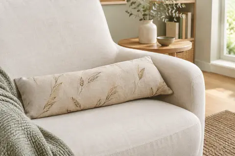 Coussin allongé en coton naturel à motif d’épis de blé posé sur un fauteuil clair