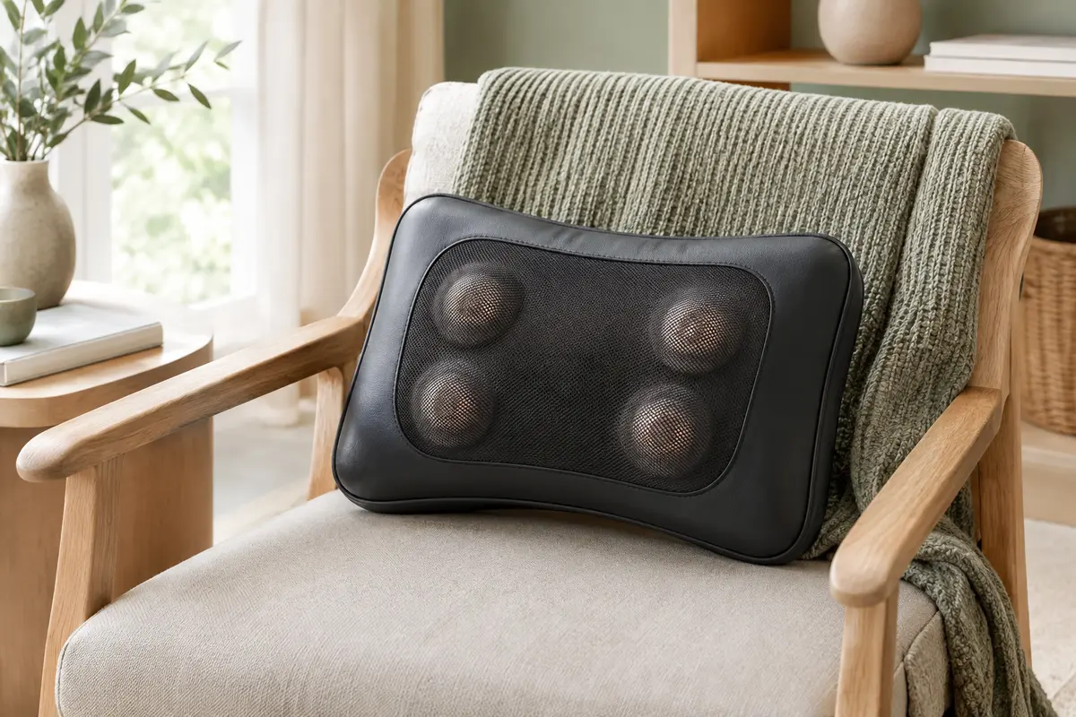Coussin de massage shiatsu noir Zyllion posé sur un fauteuil clair dans un intérieur lumineux