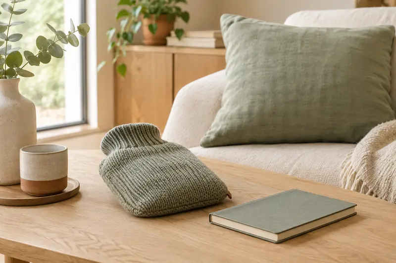 Accessoires de confort aux tons doux disposés dans un intérieur lumineux en bois clair.